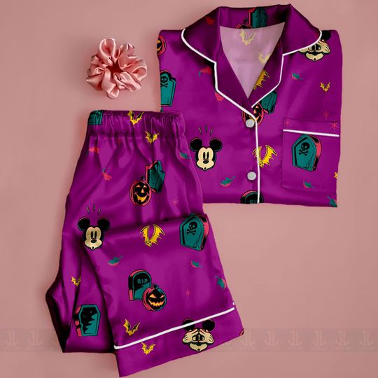 Discover Mickey Minniee Pumpkin Purple  Spooky Unisex Satin Pajamas Set, Spooky Season Pajamas