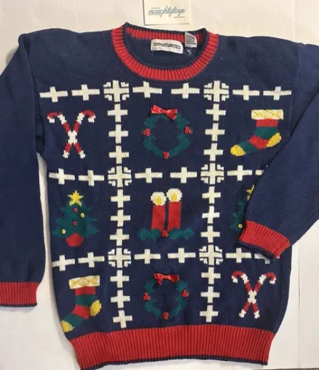 Discover Vtg Ugly Christmas Sweater Med Holiday Blue Tree Candy Cane Wreath Grandma 80’s