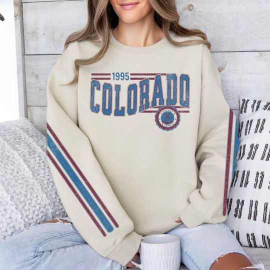 Discover Colorado Hockey Vintage Crewneck Sweatshirt, Retro Avalanche Hockey Team Sweatshirt, Unisex Sleeve Print Distressed Shirt, Hockey Fan Gift