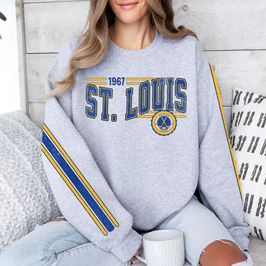 St. Louis Hockey Vintage Crewneck Sweatshirt, Retro Blue Hockey Team Sweatshirt, Unisex Sleeve Print Distressed Hockey Shirt, Hockey Fan