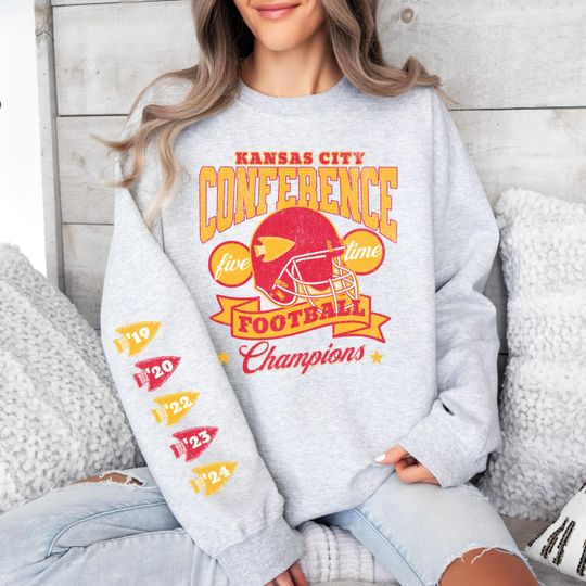 Discover Kansas City Conference Champions Sweatshirt, Chief Five Time Champs Crewneck, Arrowhead Sleeve Design, Football Fan Gift, Chief Fan Gift
