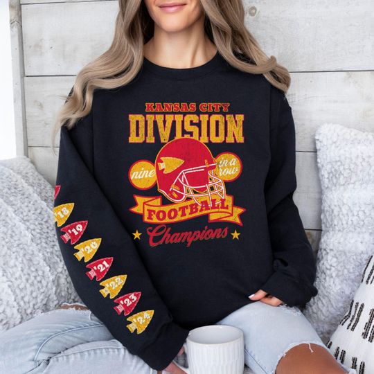 Discover Kansas City Division Champions Sweatshirt, Chief Nine Time Champs Crewneck, Arrowhead Sleeve Design, Football Fan Gift, Chief Fan Gift