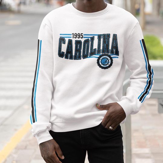 Discover Carolina Football Retro Crewneck Sweatshirt, Panther Retro Stripe Sleeve Sweatshirt, Carolina Unisex Shirt, Game Day Shirt, Panther Fan Gift