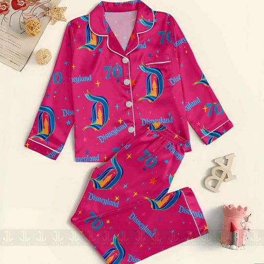 Discover Disneyland 70th Pink Blue Unisex Satin Pajamas Set, Spooky Season Pajamas
