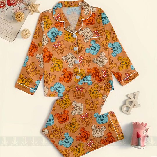 Discover Mickey Pumpkin Fall Autumn Unisex Satin Pajamas Set, Spooky Season Pajamas