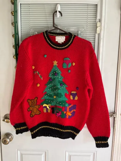 Discover Evian II Sweater Christmas Ugly? Vntg Knit By Hand Beads Bows Tree EUC Sz L