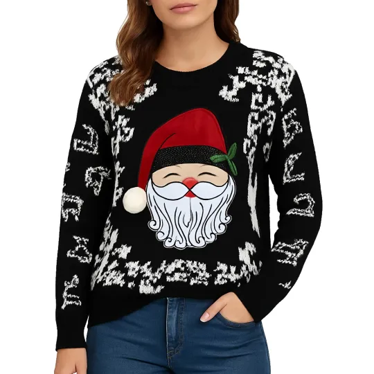 Discover Womens M Black Christmas Sweater Santa Claus Graphic Long Sleeve Knit Holiday
