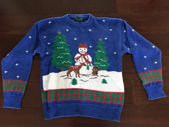 UGLY CHRISTMAS BLUE Sweater, Size Medium, Snowman Reindeer Tree, Charter Club