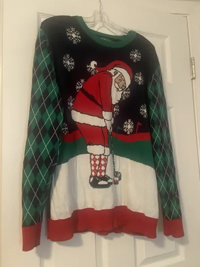 Ugly Christmas Sweater GOLF Santa XXLarge With Argyle Sleeves