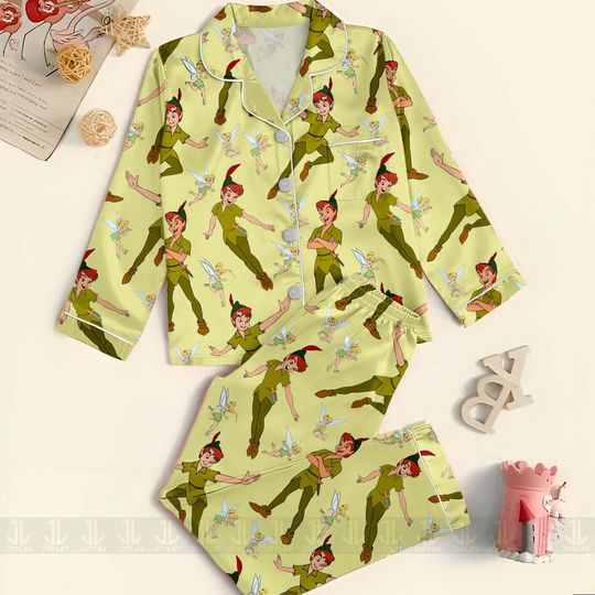 Peter Pan Tinker Bell Wonderland Unisex Satin Pajamas Set, Spooky Season Pajamas