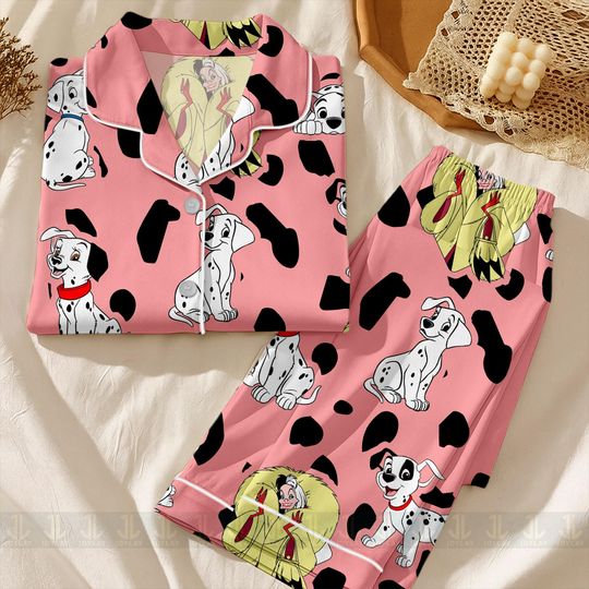 Discover Cruella 101 Dalmatian Dog Unisex Satin Pajamas Set, Spooky Season Pajamas
