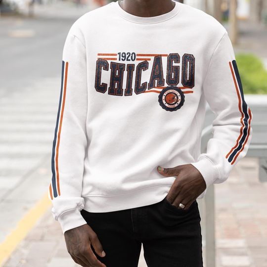Discover Chicago Football Retro Crewneck Sweatshirt, Bear Retro Stripe Sleeve Sweatshirt, Chicago Unisex Shirt, Game Day Shirt, CHI Bear Fan Gift