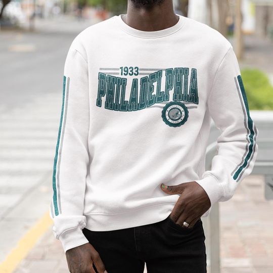 Discover Philadelphia Football Retro Crewneck Sweatshirt, Eagle Retro Stripe Sleeve Sweatshirt, Philly Unisex Shirt, Game Day Shirt, Eagle Fan Gift
