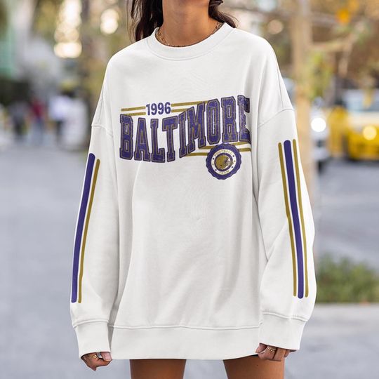 Discover Baltimore Football Retro Crewneck Sweatshirt, Raven Retro Stripe Sleeve Sweatshirt, Baltimore Unisex Shirt, Game Day Shirt, Raven Fan Gift