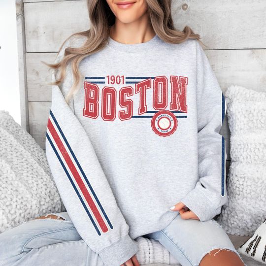 Discover Boston Baseball Vintage Retro Sweatshirt, Unisex Red Sox Sleeve Print Crewneck, Throwback Style Sweatshirt, Gift for Baseball Fans
