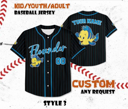 Discover Custom Flounder Baseball Jersey, Personalized Flounder The Little Mermaid Shirt, Disney Pixar Shirt, Gift for Disney Fan, Disney Ocean Shirt