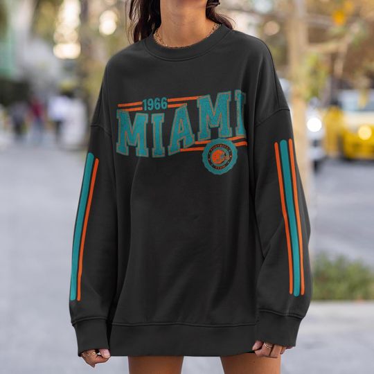 Miami Football Retro Crewneck Sweatshirt, Dolphin Retro Stripe Sleeve Sweatshirt, Miami Dolphin Unisex Shirt, Game Day Shirt, Miami Fan Gift