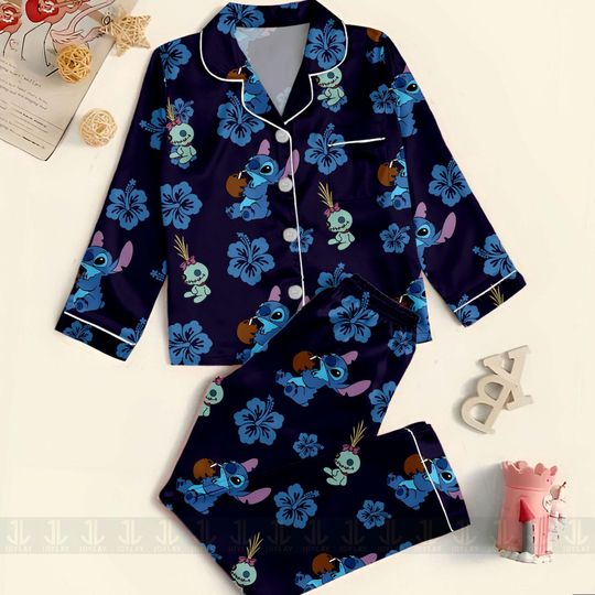 Discover Stitch Aloha Hawaiian Unisex Satin Pajamas Set, Spooky Season Pajamas , Long Sleeve And Short Styles