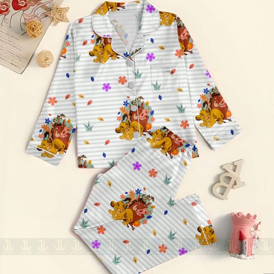 Lion King Simba Pumba Timon Boho Flower Unisex Satin Pajamas Set, Spooky Season Pajamas
