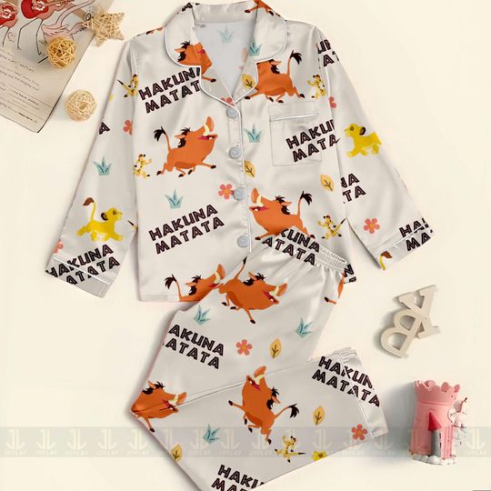 Hakuna Matata Simba Timon Pumbaa Unisex Satin Pajamas Set, Spooky Season Pajamas