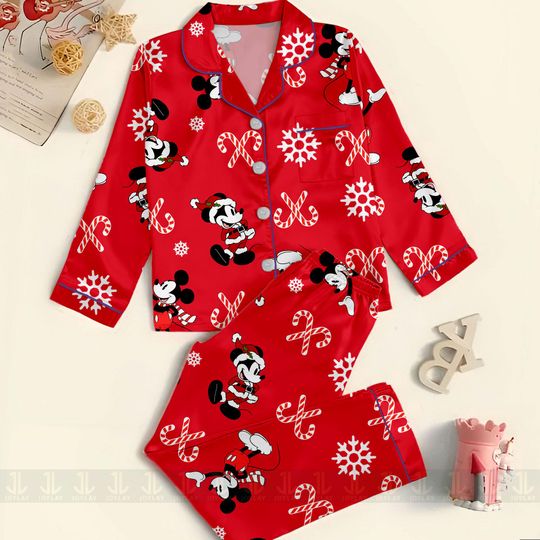 Discover Mickey Minniee Candy Cane Red Santa Unisex  Satin Pajamas Set, Disney Christmas Shirt