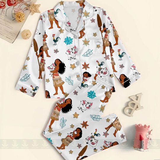 Moana Pua Hei Hei Chicken Unisex Satin Pajamas Set, Spooky Season Pajamas