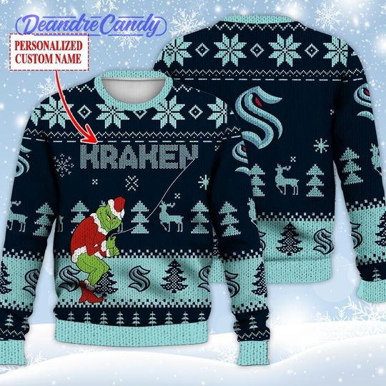 Discover Seattle Kraken Ugly Sweater Christmas, Custom Ice Hockey 3D All Over Print Hoodie