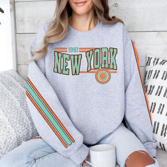 New York Womens Basketball Retro Crewneck Sweatshirt, Liberty Basketball Team Shirt, Unisex Retro Stripe Sleeve Printing, Vintage Basketball