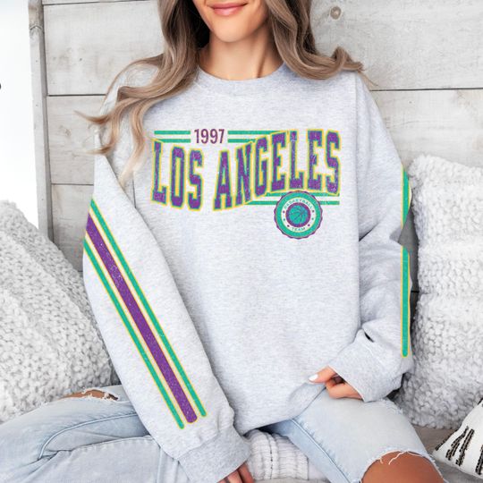 Los Angeles Women's Basketball Crewneck Sweatshirt, Spark Basketball Team Shirt, Unisex Retro Stripe Sleeve Printing, Vintage Basketball