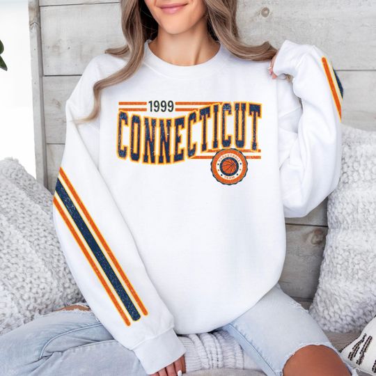 Connecticut Women's Basketball Retro Crewneck Sweatshirt, Sun Basketball Team Shirt, Unisex Retro Stripe Sleeve Printing, Vintage Basketball