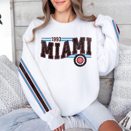 Discover Miami Baseball Vintage Retro Sweatshirt, Unisex Marlin Sleeve Print Crewneck, Throwback Style Sweatshirt, Gift for Miami Baseball Fans