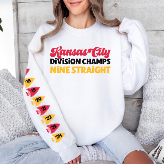 Discover Kansas City Division Champions Sweatshirt, Chief Nine Time Champs Crewneck, Arrowhead Sleeve Design, Football Fan Gift, Chief Fan Gift