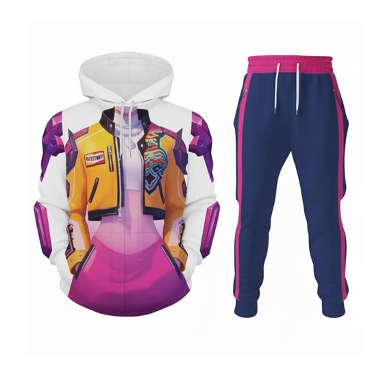 Discover Rumi-Inspired 3D Hoodie Jogger Set, Neon Pink Yellow Cyber Outfit