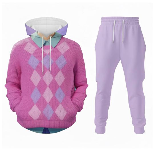 Discover Retro Argyle 3D Hoodie Jogger Set, Pink Diamond Sweater Print Outfit