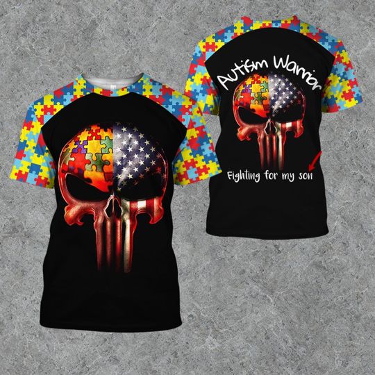 Discover Autism Warrior Skull T-Shirt  Puzzle Flag Tee for Dad Fighting for Son