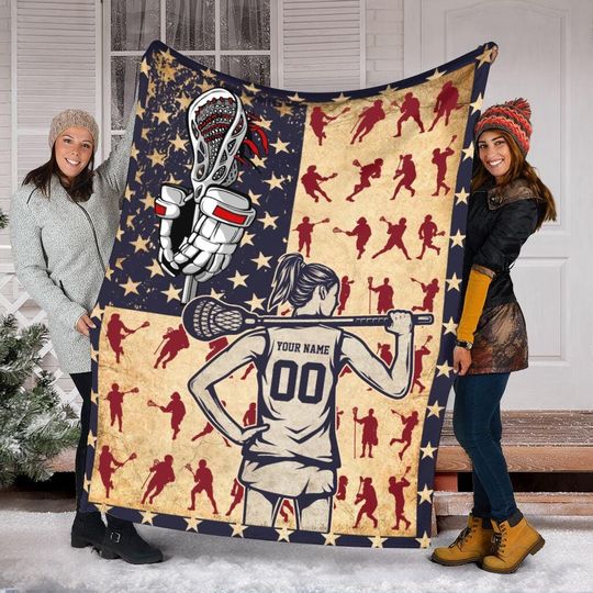 Discover Personalized Lacrosse Player Blanket With American Flag, Custom Name & Number Lacrosse Blanket, Lacrosse 4th Of July Blanket, Sport Gift
