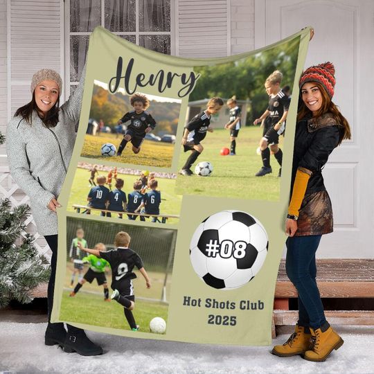 Discover Customized Soccer Kids Photo Collage Blanket With Name & Number, Custom Soccer Blanket, Sport Blanket, Sport Lover Gift, Team Player Gift