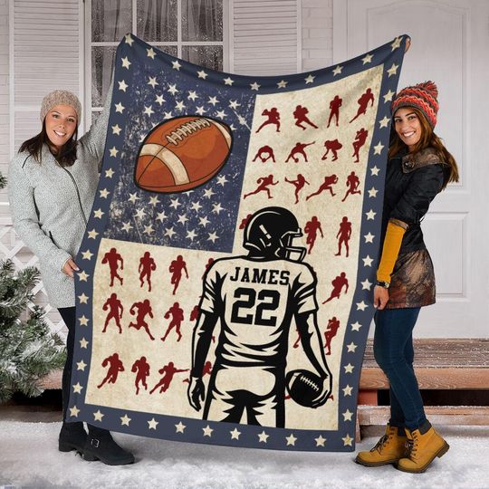 Discover Personalized American Football Player Blanket With American Flag, Custom Name & Number Blanket, Football 4th Of July Blanket, Sport Gift