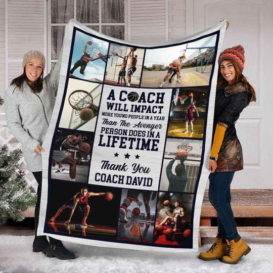 Personalized Basketball Photo Collage Blanket For Coach, Custom Basketball Coach Blanket