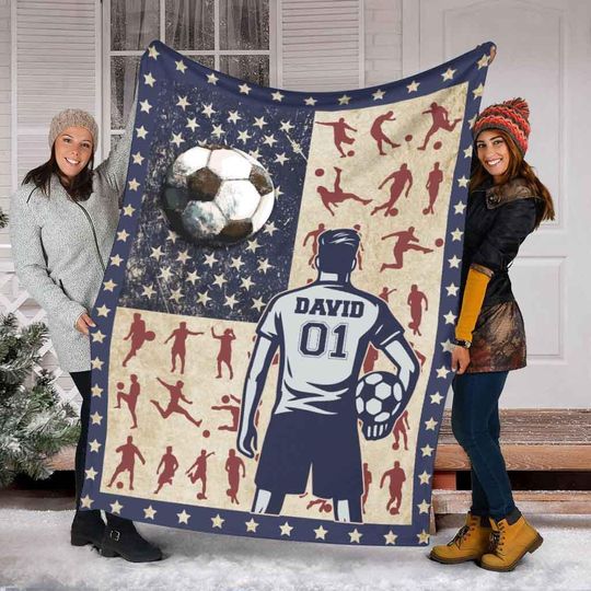 Discover Personalized Soccer Player Blanket With American Flag, Custom Name & Number Soccer Blanket, Soccer 4th Of July Blanket, Sport Gift