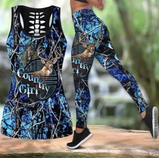 Discover Country Girl  Blue Camo Seamless Yoga Top & Leggings Set
