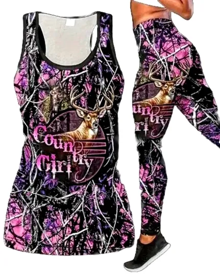 Discover Women's Camo Tank Top & Leggings Set - Spandex Pink Purple Country Girl 2-Piece Outfit
