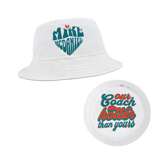 Discover Mike McDaniel Our Coach Is Hotter Than Yours Bucket Hat, Miami Football Fan Gift, Dolphin Trendy Bucket Hat, Retro Print Dolphin Bucket Hat