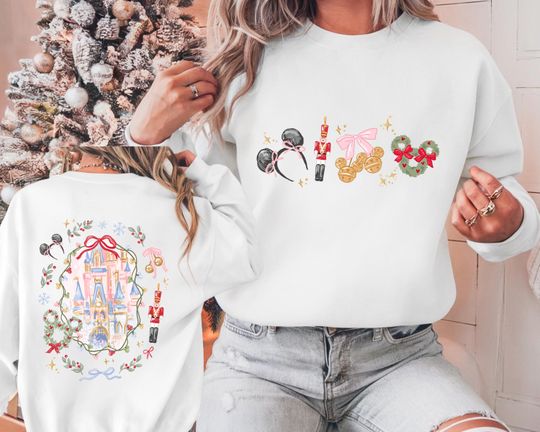 Disney Coquette Bow Christmas Sweatshirt Mickey xmas Shirt Disney Magic Castle Christmas Sweater Disney Trip Shirt Nutcracker Shirt