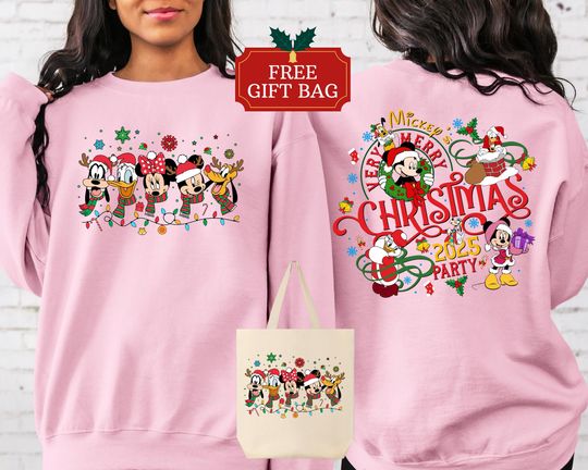Discover Mickey's Very Merry Christmas Party 2025 Sweatshirt, 2 Sided Disney Santa Mickey And Friends Group Christmas Lights Shirt,Disneyland XmasTee