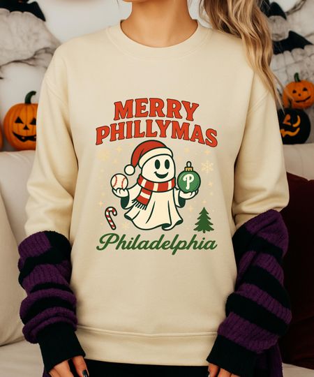 Discover Merry Phillymas Christmas Sweatshirt, Philadelphia Holiday Shirt, Retro Ghost Baseball Christmas Gift, Cozy Winter Philly Crewneck