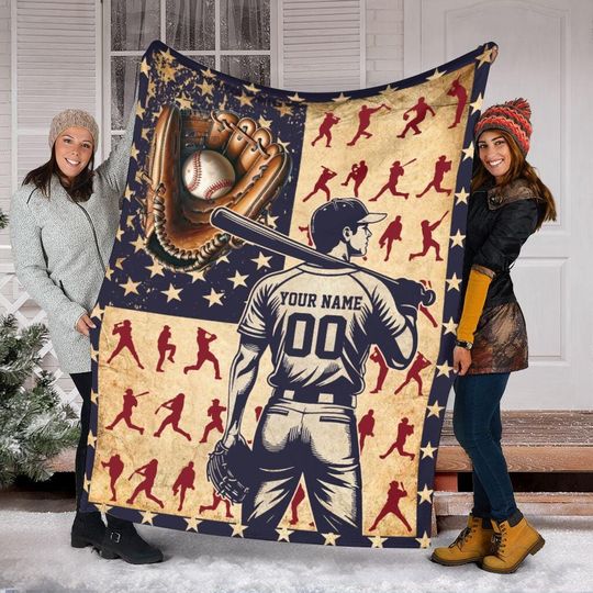 Discover Personalized Baseball Player Blanket With American Flag, Custom Name & Number