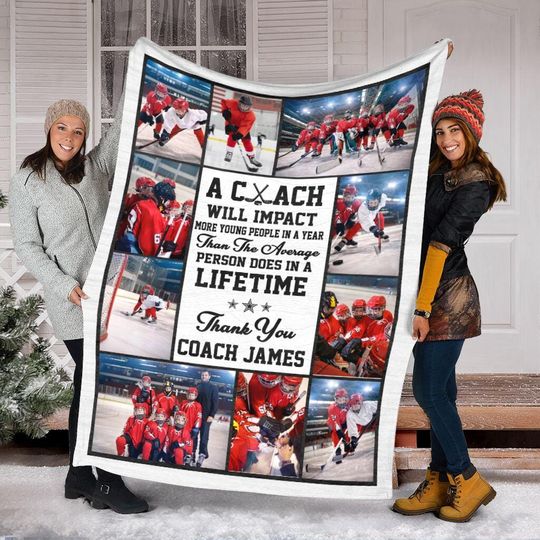 Discover Personalized Hockey Photo Collage Blanket For Coach, Custom Hockey Coach Blanket