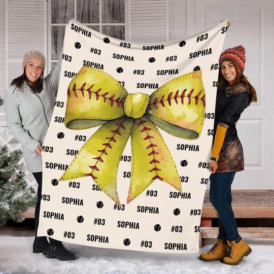 Discover Personalized Softball Mom Coquette Bow Blanket, Custom Name Softball Player Blanket