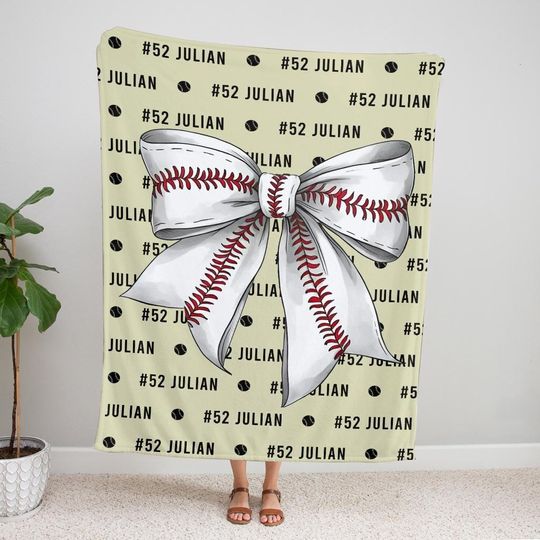 Discover Coquette Bow Baseball Mom Blanket, Custom Name Baseball Player Blanket